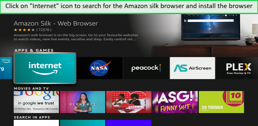  Klicken Sie auf das Internet-Symbol im Amazon Silk-Browser auf Firestick. in - Deutschland 
