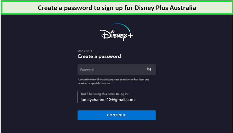 Crea una contraseña para registrarte en Disney Plus Australia desde Estados Unidos. 