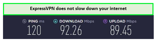 ExpressVPN speed test result on a 100 Mbps internet connection.