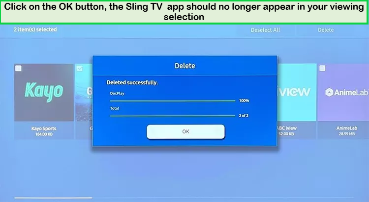  Appuyez sur le bouton OK pour supprimer l'application Sling TV sur votre téléviseur intelligent. in - France 