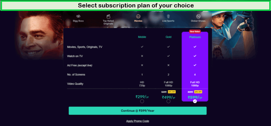 Choose a Voot subscription plan outside India.