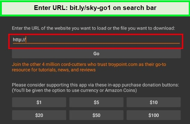  Pour installer Sky Go, entrez l'URL dans la barre de recherche sur Firestick. in - France 