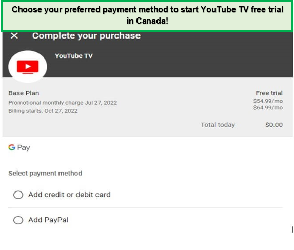 Select yus-select-payment-method-on-youtube-tv-caour payment method