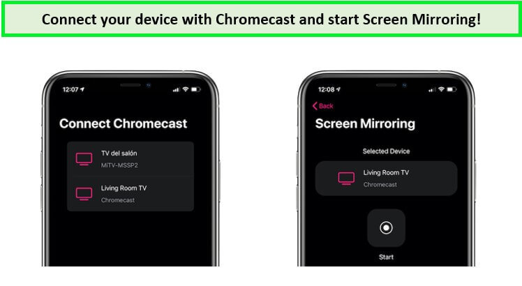 Connectez Chromecast à votre appareil et commencez la mise en miroir de l'écran. 