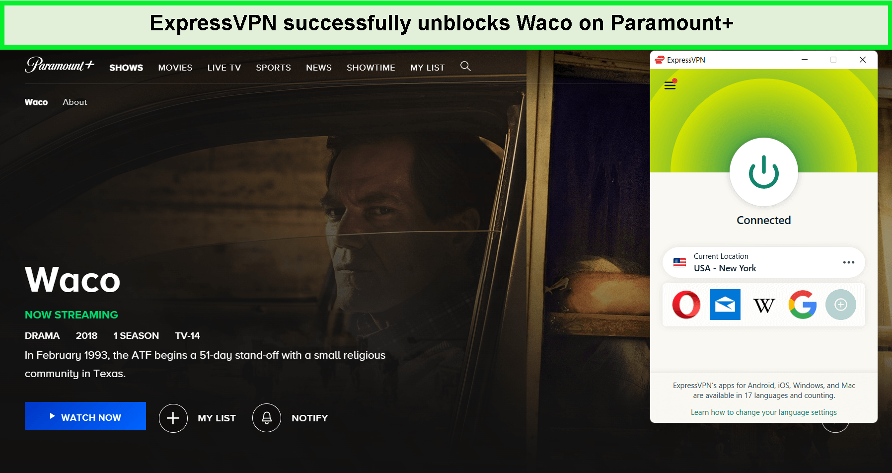  ExpressVPN verwenden, um Staffel 1 von Waco in Deutschland auf Paramount Plus freizuschalten. 