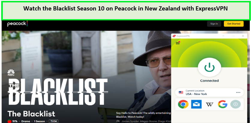  Kijk naar seizoen 10 van The Blacklist op Peacock in Nieuw-Zeeland met ExpressVPN. 