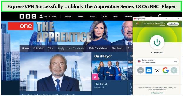  ExpressVPN a réussi à débloquer avec succès la série 18 de The Apprentice.  -  -Sur-BBC-iPlayer -Sur BBC iPlayer 
